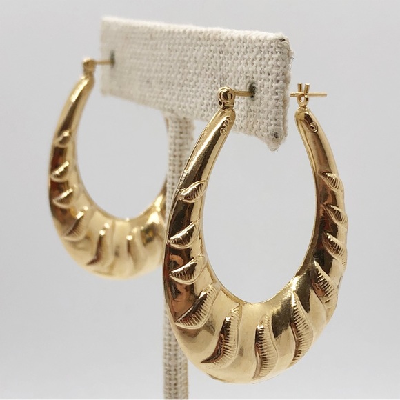 14k yellow gold large puffy hoop earrings with swirl design vintage 1.5” - Picture 7 of 7